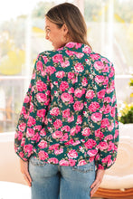 Load image into Gallery viewer, Green Floral Printed Tied Collar Puff Sleeve Blouse
