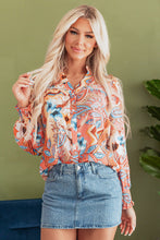 Load image into Gallery viewer, Orange Floral Print Shirred Cuff Buttoned Loose Shirt
