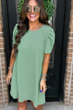 Load image into Gallery viewer, Mint Green Corded Knit Crew Neck Puff Sleeve Shift Mini Dress
