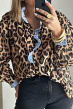 Load image into Gallery viewer, Brown Wild Leopard Print Contrast Striped Frilled Trim Chic Shirt
