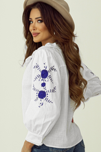 Load image into Gallery viewer, White Floral Embroidered Bracelet Sleeve Shirt
