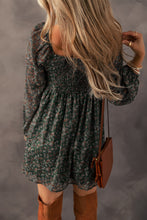 Load image into Gallery viewer, Green Floral Print Sweetheart Neck Shirred Back Mini Dress
