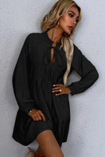 Load image into Gallery viewer, Black Tie Split Neck Smocked Detail Long Puff Sleeve Ruffle Hem Loose Dress

