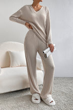 Load image into Gallery viewer, Khaki Ribbed Knit V Neck Slouchy Two-piece Outfit

