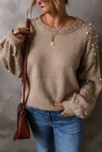 Load image into Gallery viewer, Smoke Gray Pearled Drop Shoulder Round Neck Sweater
