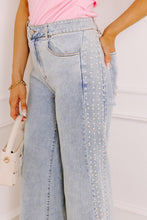 Load image into Gallery viewer, Beau Blue Mid Rise Pearl Embellished Split Wide Leg Jeans
