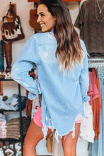 Load image into Gallery viewer, Beau Blue Mineral Wash Distressed Frayed Long Denim Jacket
