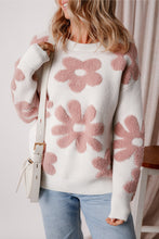 Load image into Gallery viewer, White Textured Flower Drop Shoulder Loose Sweater
