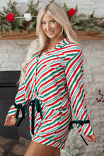 Load image into Gallery viewer, Green Stripe Contrast Velvet Ribbon Knot Christmas 2pcs Pajama Set
