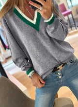 Load image into Gallery viewer, Gray Contrast Striped Trim V Neck Varsity Sweater
