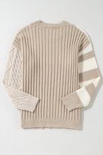 Load image into Gallery viewer, Khaki Cable Knit Colorblock Crew Neck Drop Shoulder Sweater
