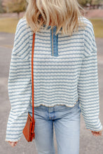 Load image into Gallery viewer, Sky Blue Stripe Textured Frilly Trim Buttons Henley Long Sleeve Top
