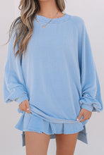 Load image into Gallery viewer, Sky Blue Corded Lantern Sleeve Top High Waist Ruffled Mini Skirt Set
