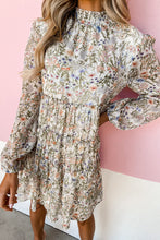 Load image into Gallery viewer, Green Floral Print Tiered Frilled Shirred Mock Neck Mini Dress
