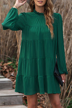 Load image into Gallery viewer, Green Puff Sleeve Mock Neck Back Knot Tiered Dress
