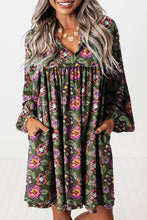 Load image into Gallery viewer, Green Floral Print Split Neck Bubble Sleeve Shift Mini Dress
