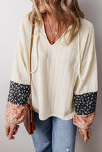 Load image into Gallery viewer, Beige Floral Patchwork Textured Knit Drawstring V Neck Blouse
