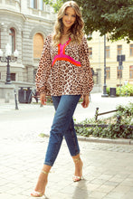 Load image into Gallery viewer, Khaki Cheetah Color Block V Neck Balloon Sleeve Babydoll Blouse
