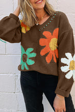 Load image into Gallery viewer, Coffee Big Flower Pattern V Neck Drop Shoulder Sweater
