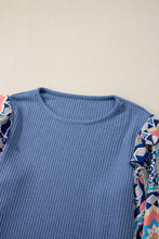 Load image into Gallery viewer, Ashleigh Blue Ruffled Floral Sleeve Patchwork Waffle Knit O Neck Blouse
