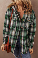 Load image into Gallery viewer, Green Plaid Print Chest Pocket Buttoned Hooded Shacket
