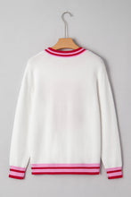 Load image into Gallery viewer, White Striped Trim Bow Graphic Round Neck Drop Shoulder Sweater
