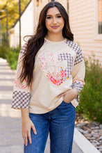 Load image into Gallery viewer, Beige Plaid Floral Peace Heart Graphic Wide Long Sleeve Top

