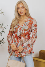 Load image into Gallery viewer, Orange Floral Print Deep V Neck Knot Bell Sleeve Blouse
