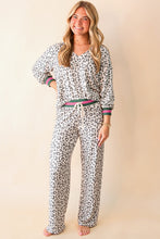 Load image into Gallery viewer, Gray V Neck Leopard Long Sleeve Top Striped Webbing Patchwork Drawstring Pant Set
