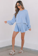 Load image into Gallery viewer, Sky Blue Corded Lantern Sleeve Top High Waist Ruffled Mini Skirt Set
