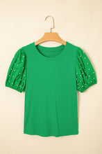 Load image into Gallery viewer, Bright Green Ribbed Pearl Beaded Puff Sleeve Top
