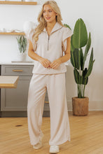 Load image into Gallery viewer, Apricot Textured Ruffled Sleeve Zipped Top and Wide Leg Pants Set
