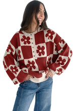Load image into Gallery viewer, Red Dahlia Flower Plaid Henley Baggy Sweater
