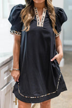 Load image into Gallery viewer, Black Leopard Trim Notched Neck Short Puff Sleeve Shift Mini Dress
