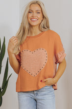 Load image into Gallery viewer, Desert Gold Stud Heart Patch Textured Front Dolman Top
