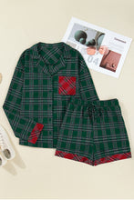 Load image into Gallery viewer, Green Plaid Contrast Patched Christmas Holiday Long Sleeve Shirt and Short 2pcs Pajama Set
