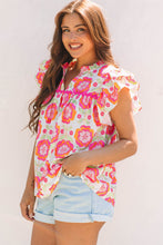 Load image into Gallery viewer, Rose Floral Ruffled Sleeve Ric-rac Trim Split Neck Loose Blouse
