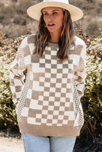 Load image into Gallery viewer, Khaki Checkered Print Drop Shoulder Round Neck Sweater
