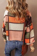 Load image into Gallery viewer, Orange Color Block Waffle Knit Drawstring Mock Neck Sweater
