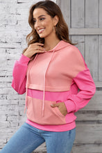 Load image into Gallery viewer, Pink Textured Color Block Kangaroo Pocket Drop Shoulder Hoodie
