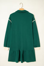 Load image into Gallery viewer, Evergreen Contrast Trim Zip Collar Long Sleeve Ruffle Hem Mini Dress
