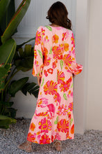 Load image into Gallery viewer, Beige Floral Print Smocked Detail V Neck Puff Sleeve Flowy Maxi Dress
