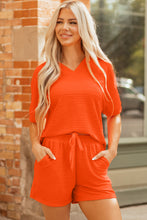 Load image into Gallery viewer, Orange Textured V Neck T Shirt and Shorts Set
