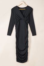 Load image into Gallery viewer, Black Long Sleeves Wrap V Neck Ruched Sheath Midi Dress
