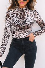 Load image into Gallery viewer, Brown Leopard Smocked Neck Mesh Long Sleeve Bodysuit
