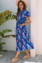 Load image into Gallery viewer, Sky Blue Floral Puff Short Sleeve V Neck High Waist Maxi Dress
