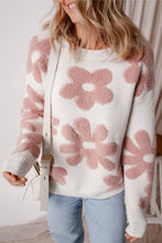 Load image into Gallery viewer, White Textured Flower Drop Shoulder Loose Sweater
