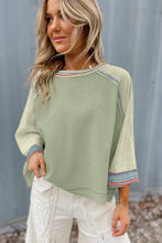 Load image into Gallery viewer, Meadow Mist Green Waffle Knit Wide Bracelet Sleeve Patchwork Raglan Top
