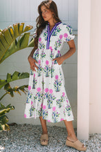 Load image into Gallery viewer, White Floral Puff Short Sleeve V Neck High Waist Maxi Dress
