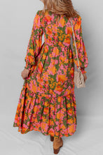 Load image into Gallery viewer, Orange Floral Puff Sleeve Smocked Bodice Ruffled Long Dress

